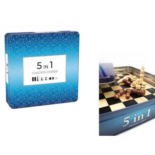 5-i-1 spil i Tin kasse - Skak, dam, Backgammon, kryds & bolle og Domino