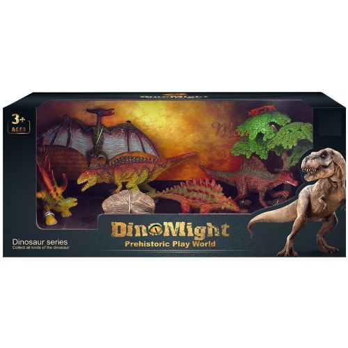 DinoMight Dinosaur pakke med 5 dinosaurer, træ og sten 